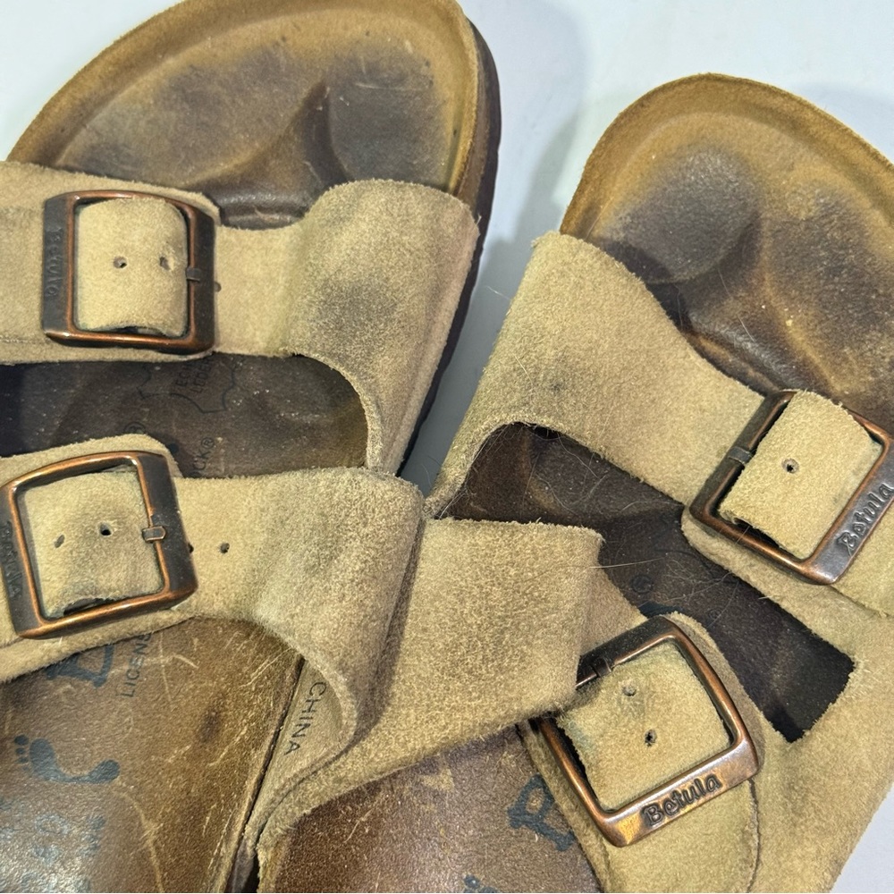Betula Birkenstock size 37 Ladies 6 Men’s 4 Slide on Sandals Tan Suede - Picture 11 of 11